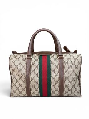 Gucci Beige GG Supreme Canvas Duffel with Brown Leather and Green-Red Web